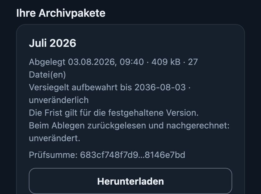 Das Archiv in der App: Juli 2026 abgelegt, versiegelt aufbewahrt bis 2036, mit gekürzter Prüfsumme.