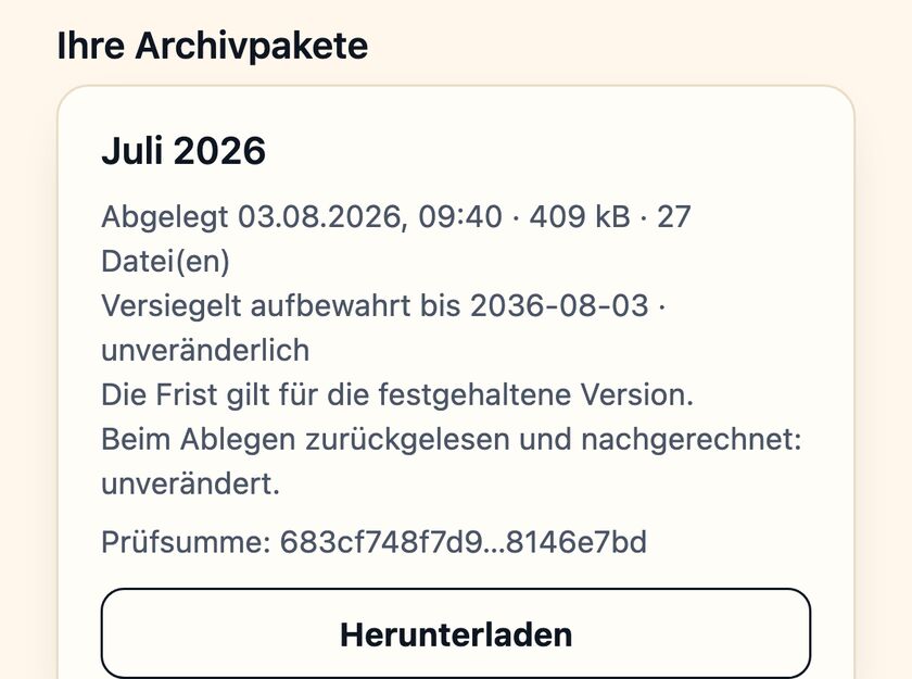 Das Archiv in der App: Juli 2026 abgelegt, versiegelt aufbewahrt bis 2036, mit gekürzter Prüfsumme.