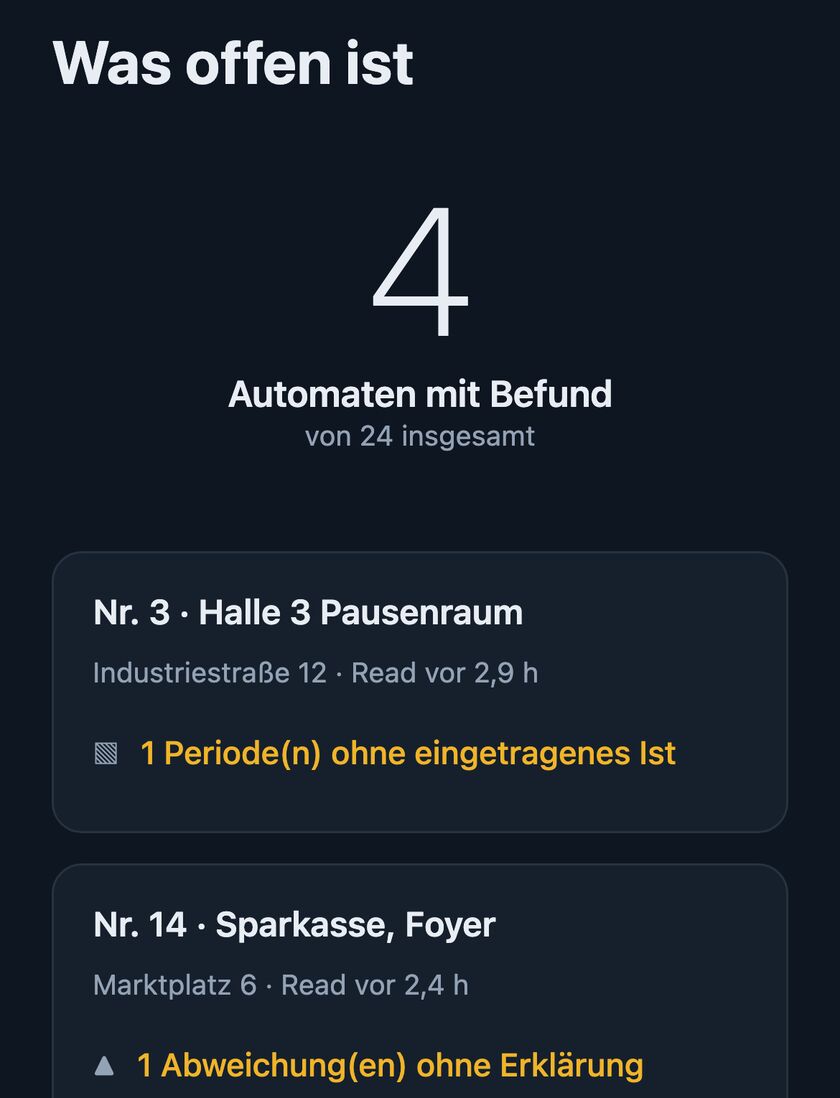 Die Befunde in der App: vier von 24 Automaten, je Automat der Grund, etwa eine Abweichung ohne Erklärung.