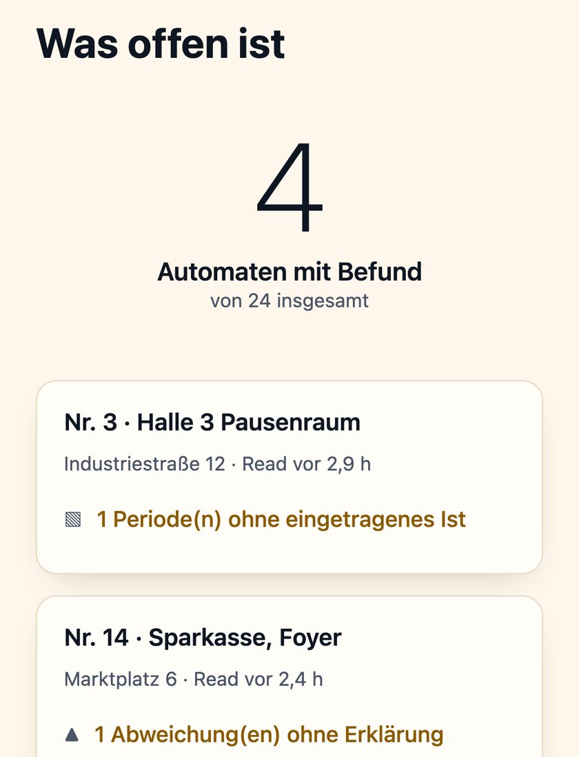 Die Befunde in der App: vier von 24 Automaten, je Automat der Grund, etwa eine Abweichung ohne Erklärung.