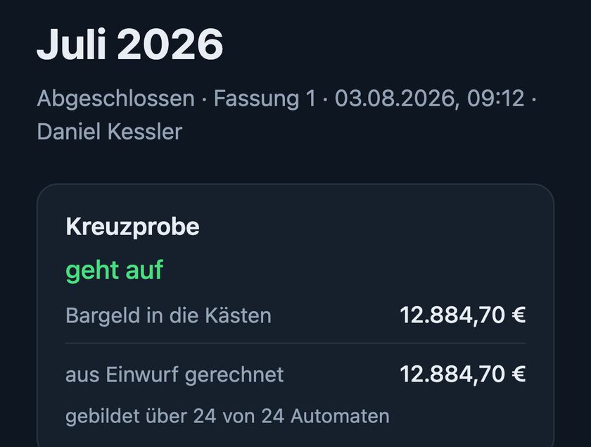 Der Monatsabschluss Juli 2026 in der App: Kreuzprobe geht auf, gebildet über 24 von 24 Automaten.