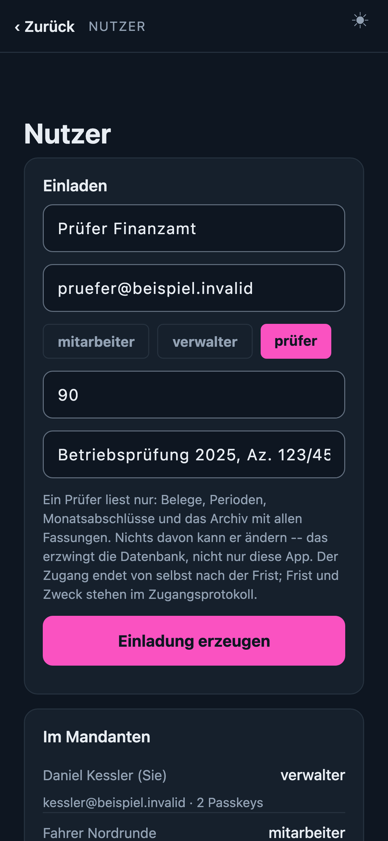 Die Einladung eines Prüfers in der App: Frist 90 Tage, Zweck „Betriebsprüfung 2025, Az. 123/45“, ein Prüfer liest nur.