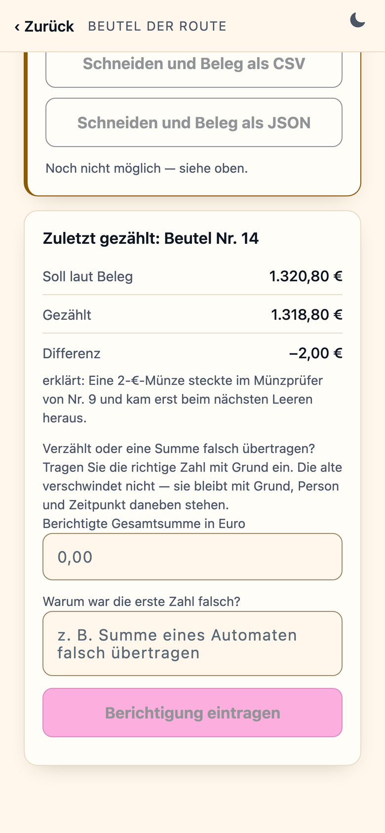 Die Route in der App: Zuletzt gezählt, Beutel Nr. 14, mit Soll laut Beleg, Gezählt, Differenz und der Erklärung.