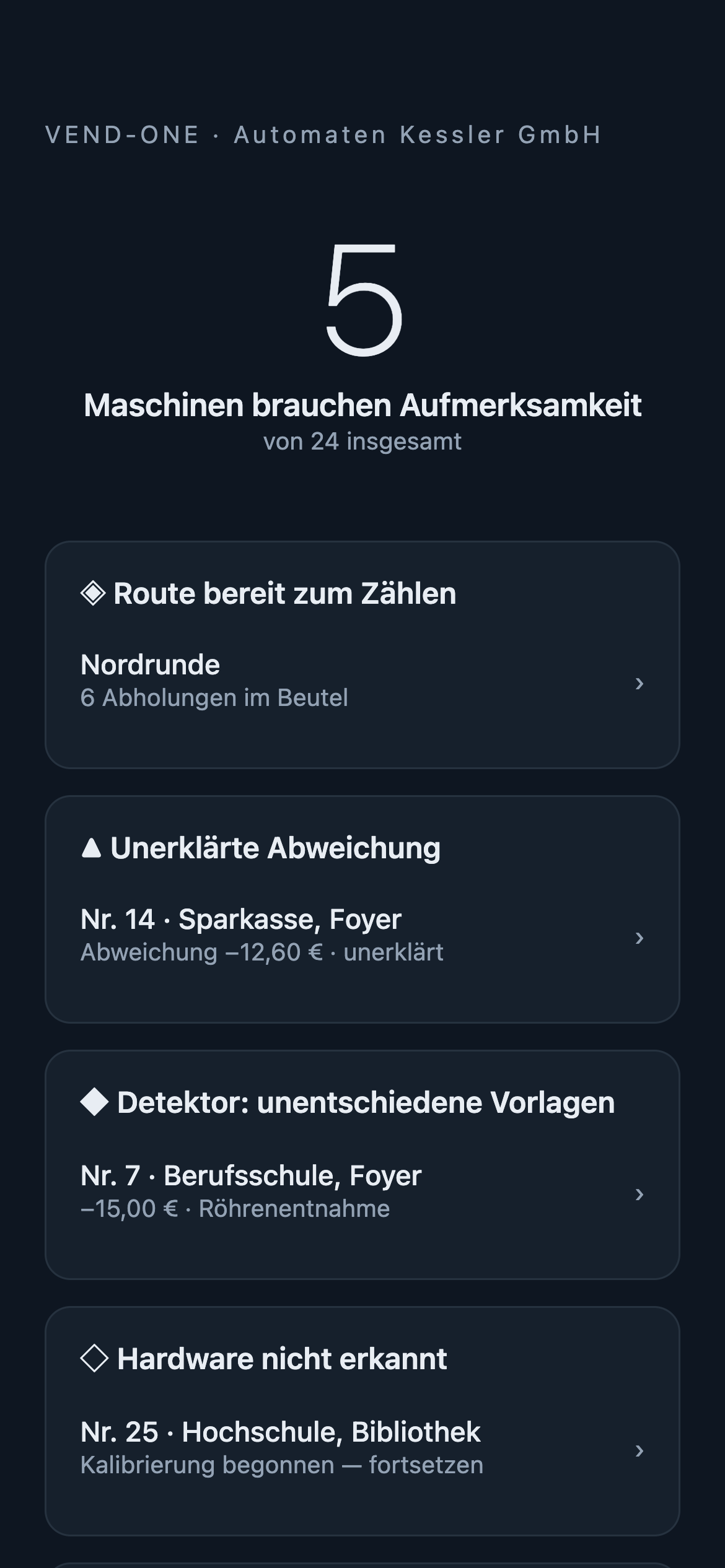 Startbildschirm: die Zahl 5, darunter die Gruppen Route bereit zum Zählen, Unerklärte Abweichung, Detektor, Hardware nicht erkannt, Wechselgeld knapp, Automat meldet nicht, Monatsabschluss fällig, dann die Einstiege.
