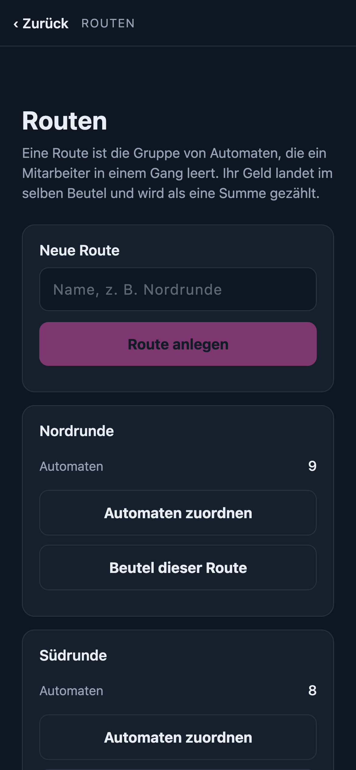 Routen: Neue Route anlegen, darunter Nordrunde mit 9 Automaten und den Knöpfen Automaten zuordnen und Beutel dieser Route.