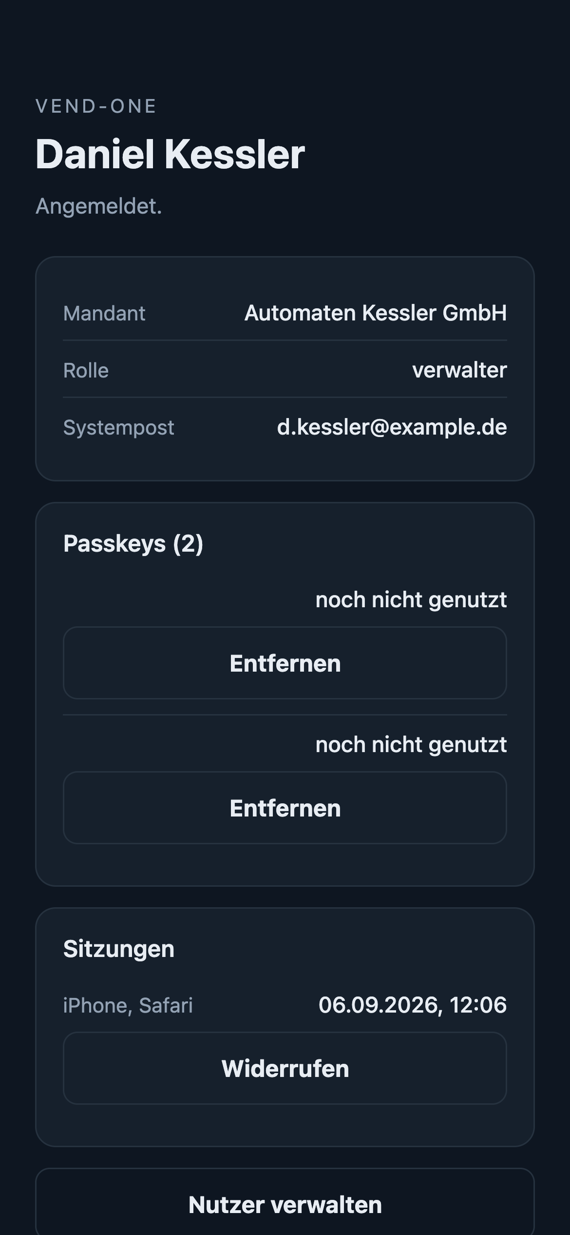 Konto: Daniel Kessler, Mandant, Rolle verwalter, zwei Passkeys, eine Sitzung, Knopf Nutzer verwalten.