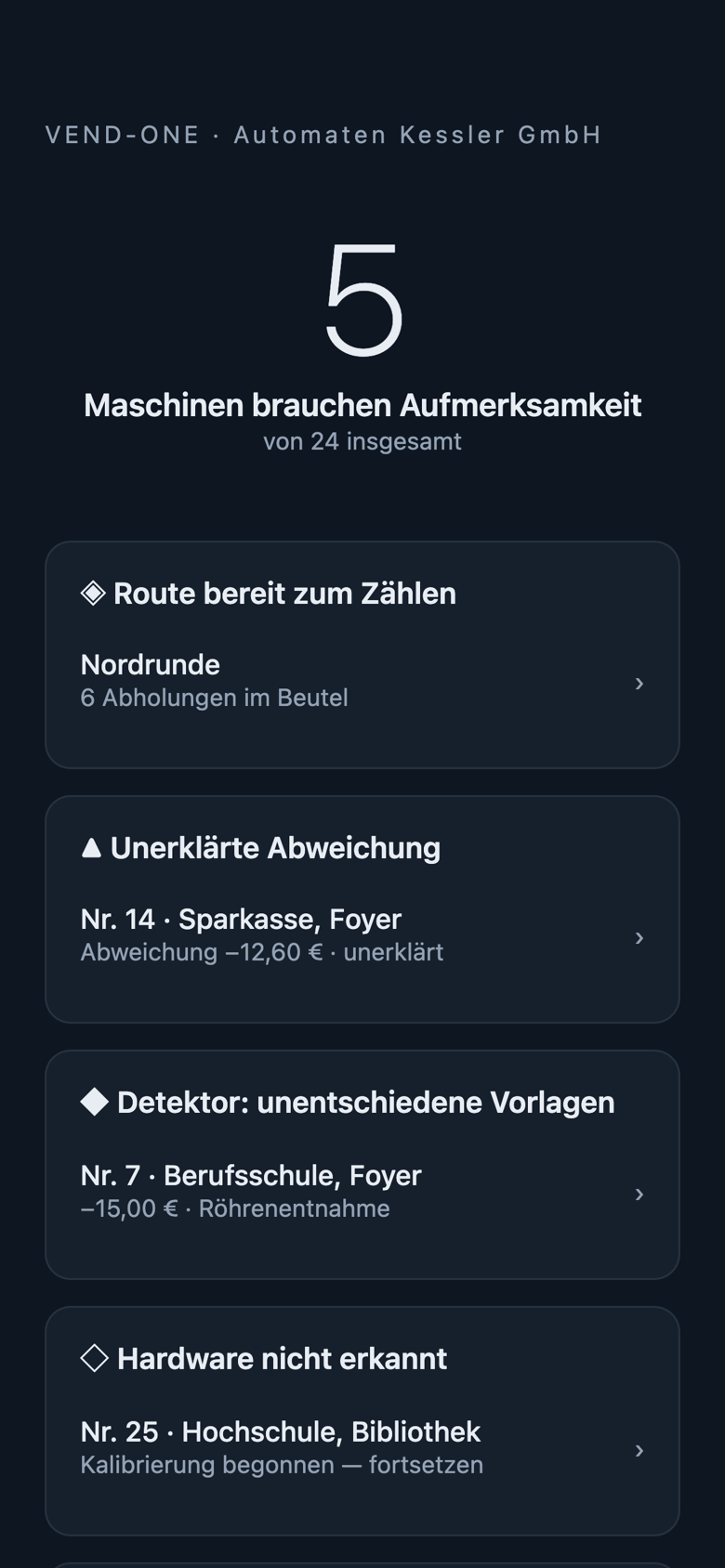 Der Startbildschirm: eine Zahl, drei Automaten brauchen Aufmerksamkeit, darunter die Gründe.